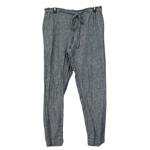 BEACH LUNCH LOUNGE Paperbag Pants Women's Large Blue White Striped Linen Blend - Picture 1 of 13